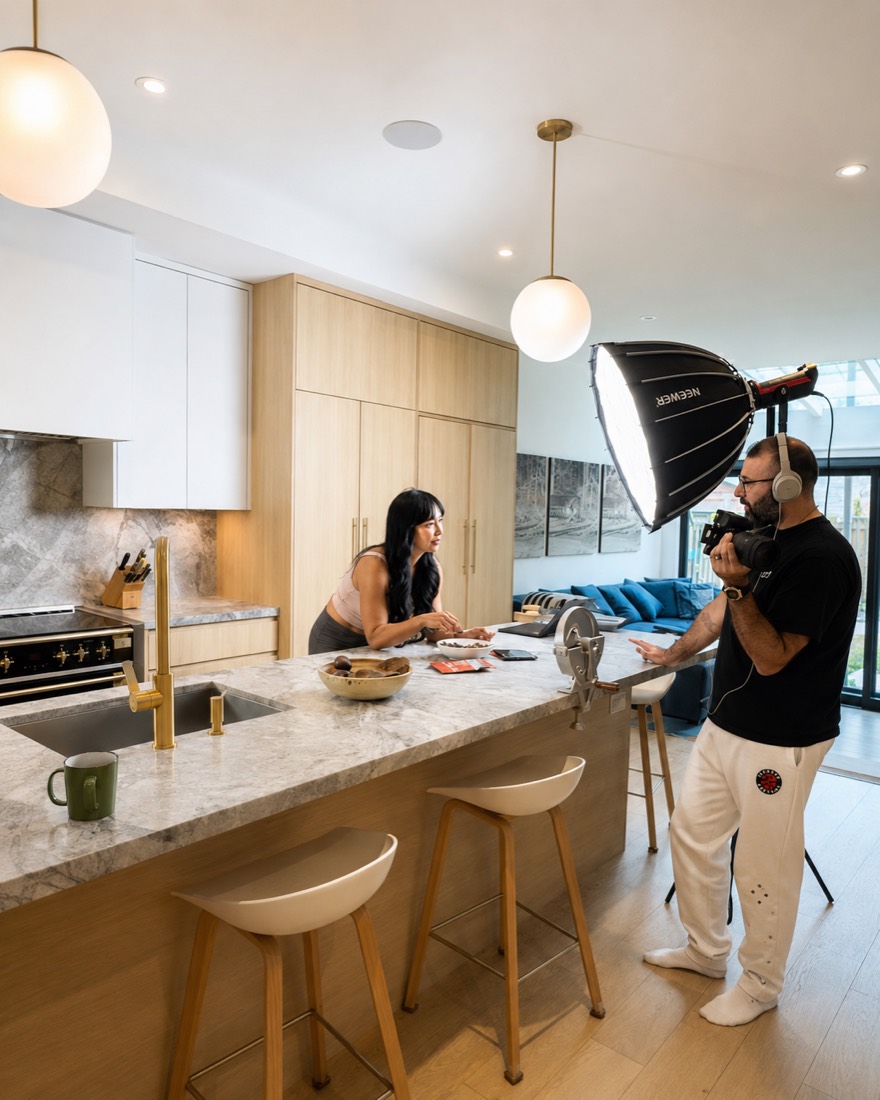 Wisam shooting a brand campaign in a luxury kitchen